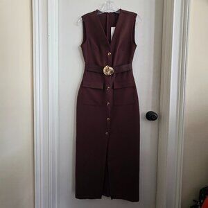 Zara Chocolate Sleeveless Button-Down Midi Dress w/ Gold Buckle Belt Size XS
